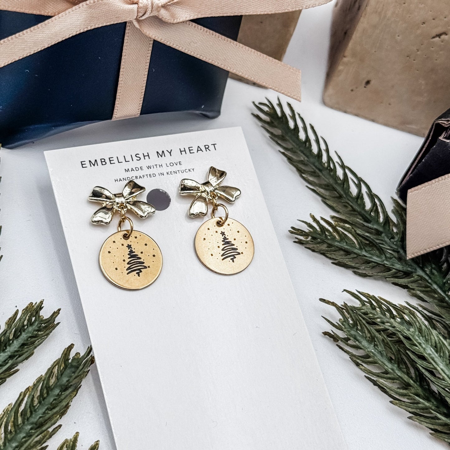 Christmas Tree Earrings | Gold Bow Studs | Holiday Earrings for Women | Cute Christmas Jewelry Gift - Embellish My Heart