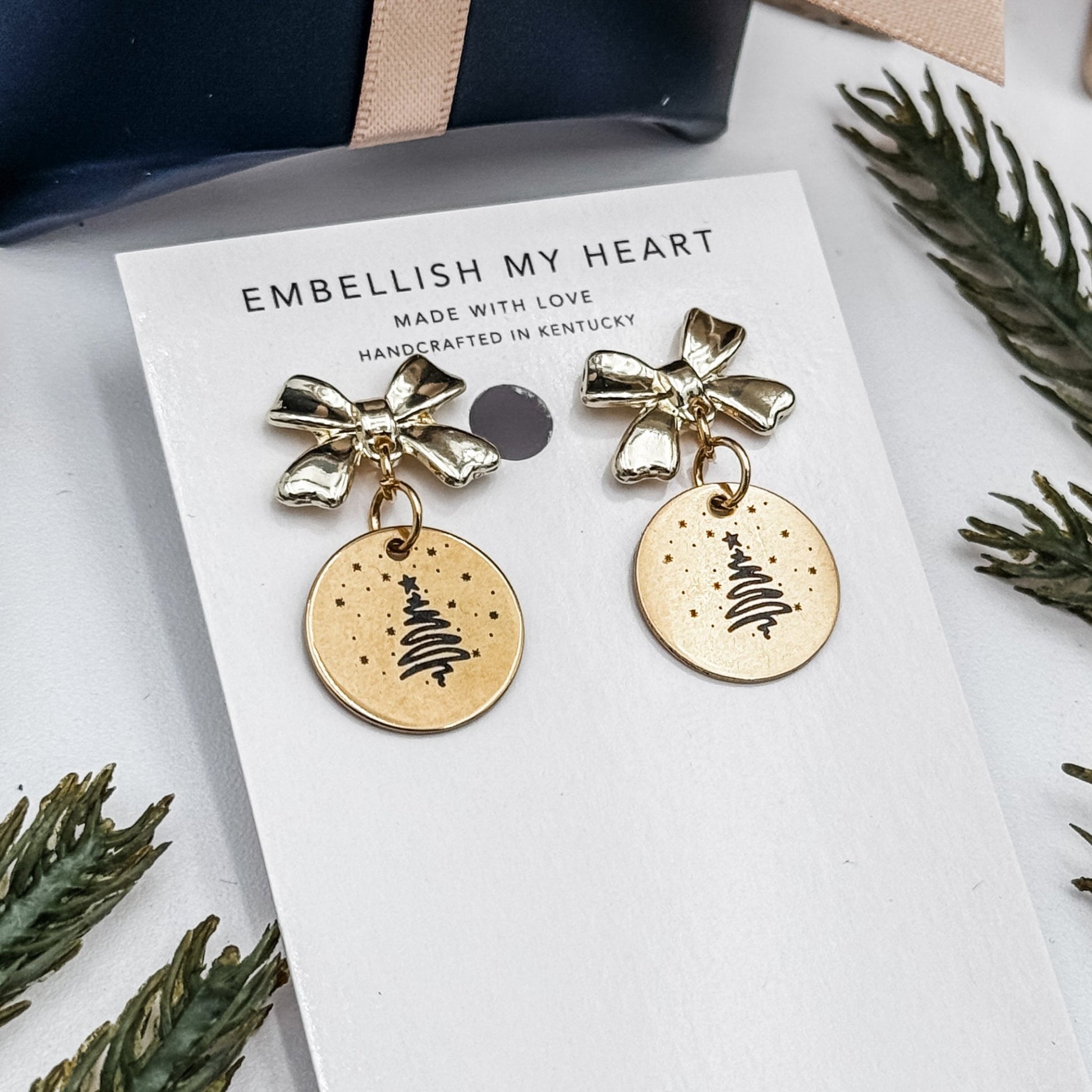 Christmas Tree Earrings | Gold Bow Studs | Holiday Earrings for Women | Cute Christmas Jewelry Gift - Embellish My Heart